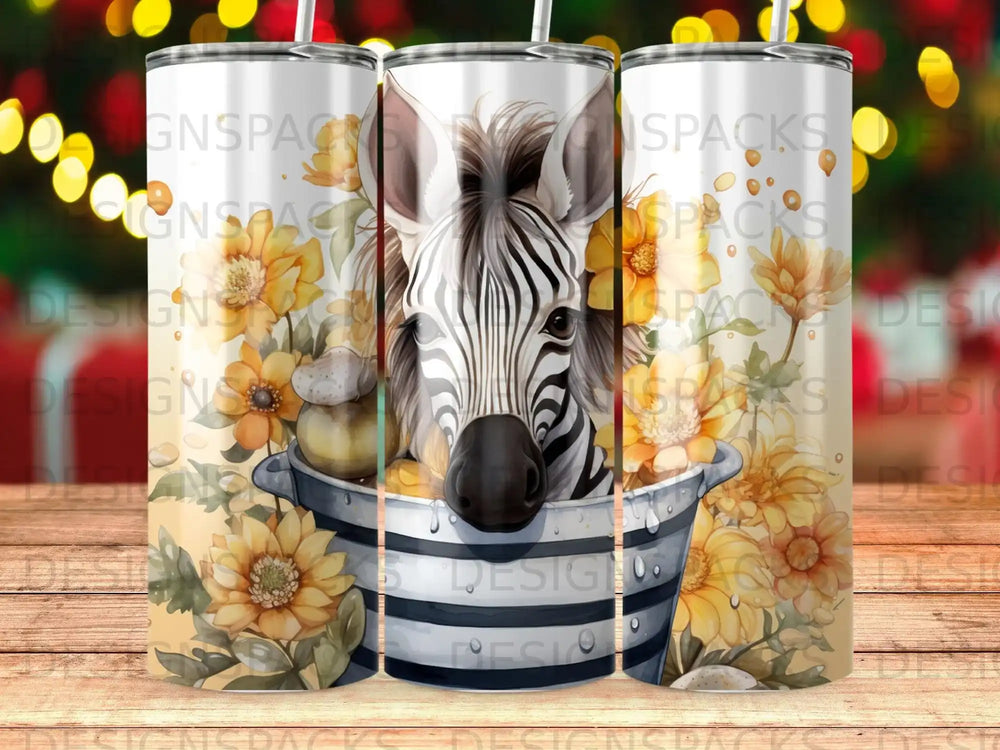Zebra head peering from bucket of sunflowers with yellow floral accents.