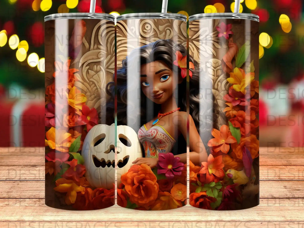 Woman with pumpkin and autumn flowers on a tumbler.