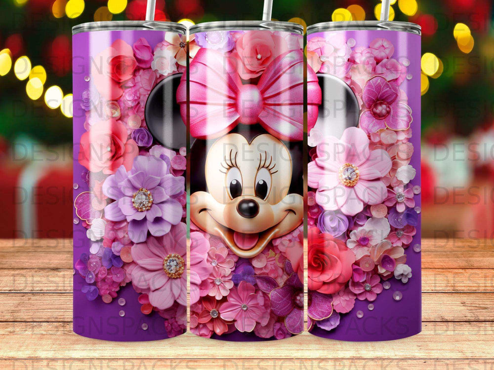 Minnie Mouse surrounded by pink and purple flowers and a large pink bow.
