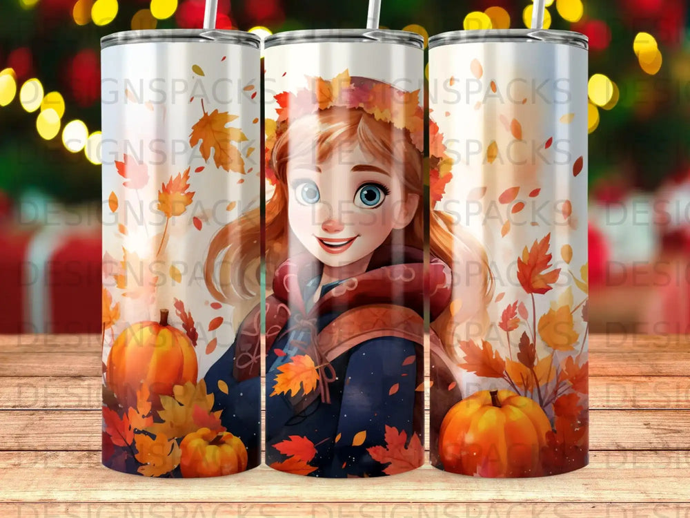 Anna from Frozen with autumn leaves on a festive tumbler.