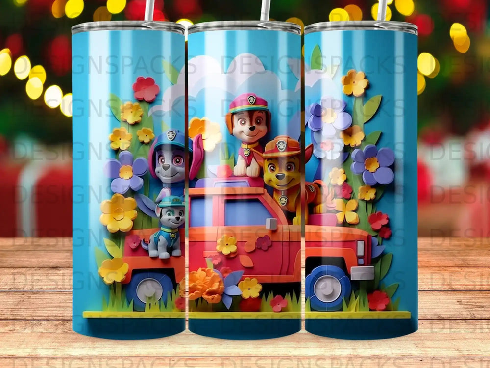 Paw Patrol characters on a red truck surrounded by flowers.
