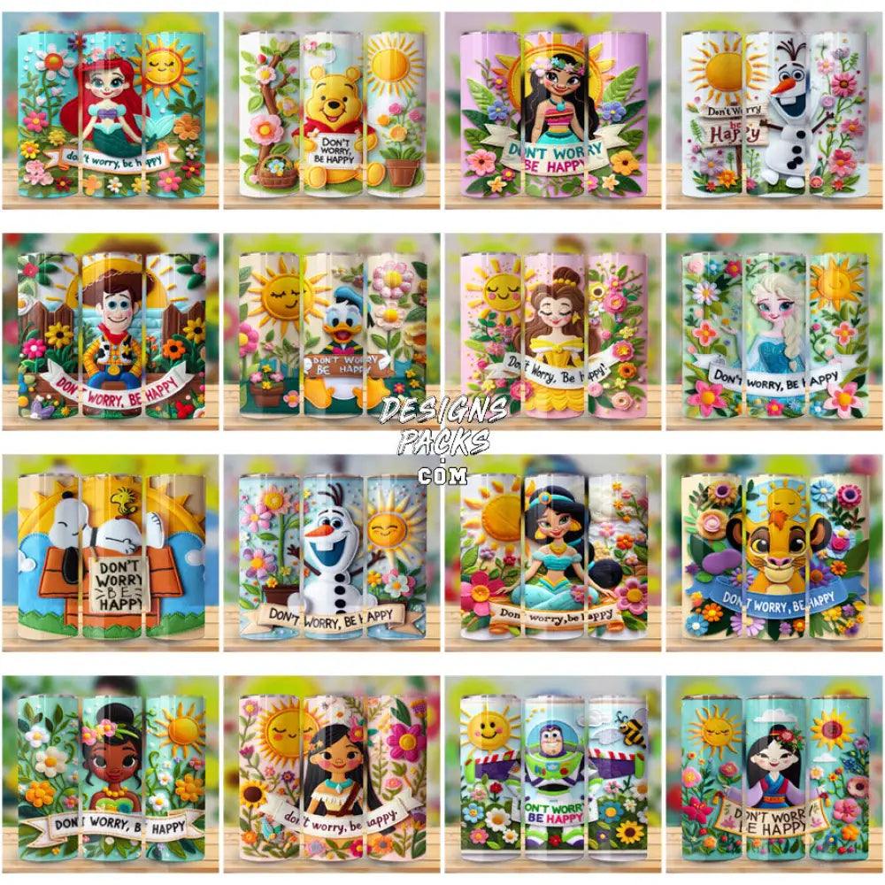 45 Cartoon Stitched Style Be Happy Tumbler Wrap Bundle Jpg