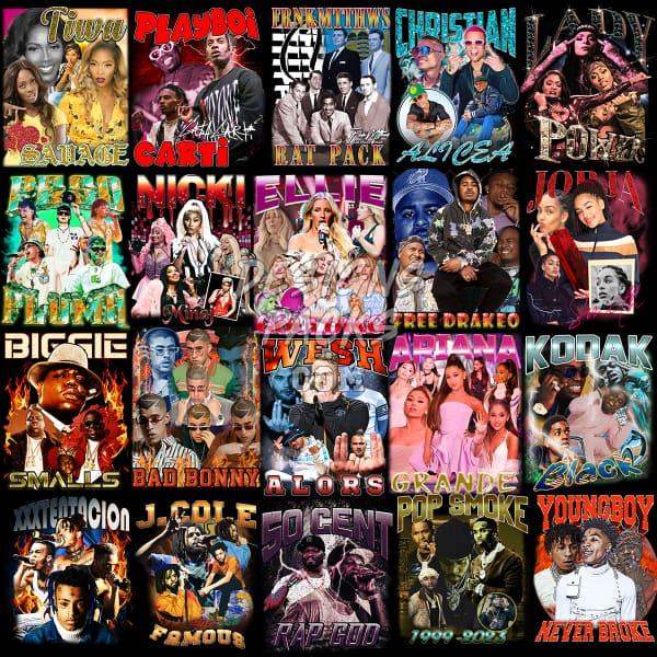 Celebrity collage designs for DTF/DTG printing, embroidery, tumbler wraps – print-ready PNG, SVG, PES