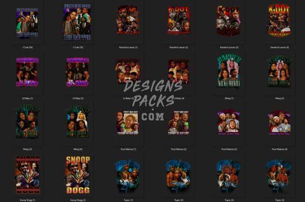 Print-ready DTF/DTG designs featuring artists like Snoop Dogg and K-Dot, ideal for t-shirts and merch.