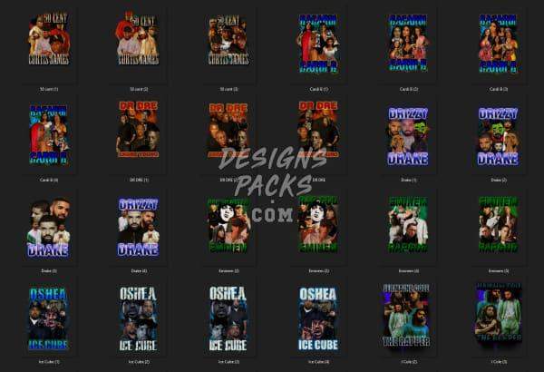 Print-ready DTF/DTG designs featuring artists like Drake, Ice Cube, and 2Pac for t-shirts and merch