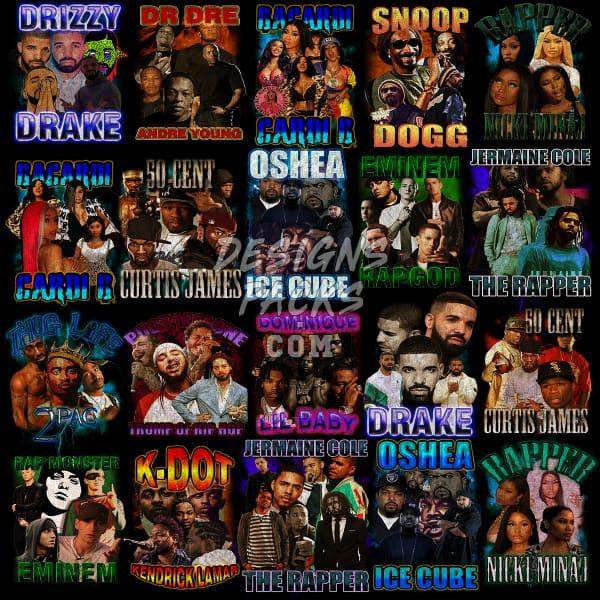 Rap artist collage featuring Drake, Eminem, Cardi B, and more for DTF/DTG designs