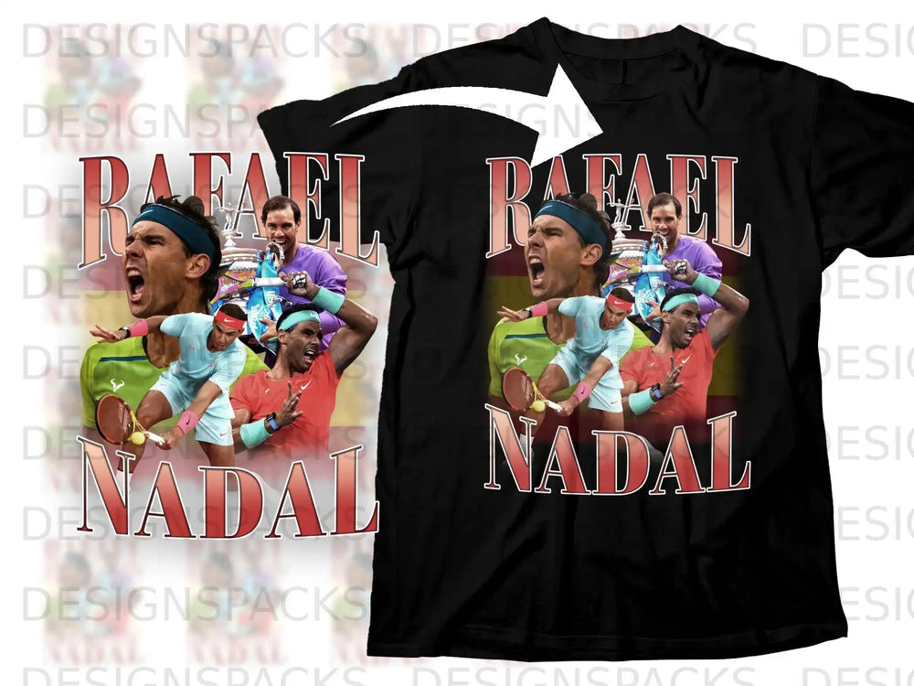 Rafael Nadal t-shirt with tournament trophy and tennis imagery.