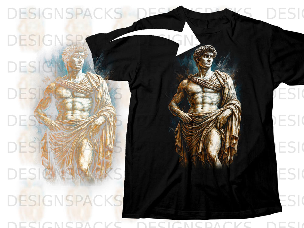 Black t-shirt with a depiction of a muscular male statue with draped cloth.