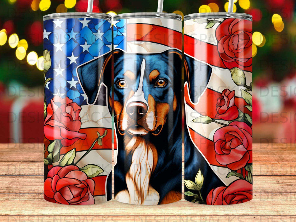 German Shorthaired Pointer with American flag and red roses on a tumbler.