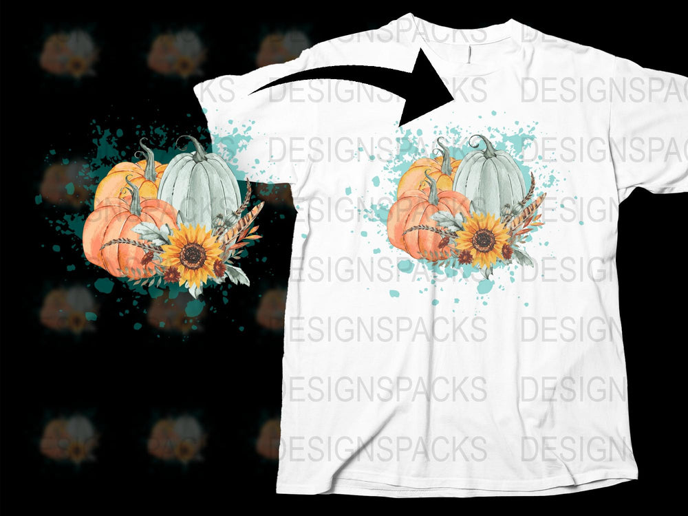 Autumn Pumpkin and Sunflower Graphic T-Shirt, Unique Fall Season Design, Watercolor Art Top for Men and Women