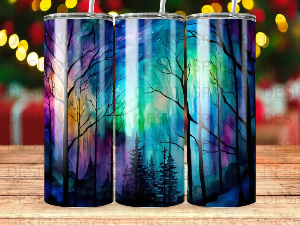 Silhouette of trees against a vibrant aurora borealis sky with stars.