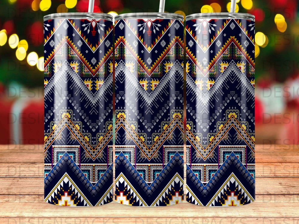 Dark blue tumbler with repeating geometric tribal pattern and gold accents.