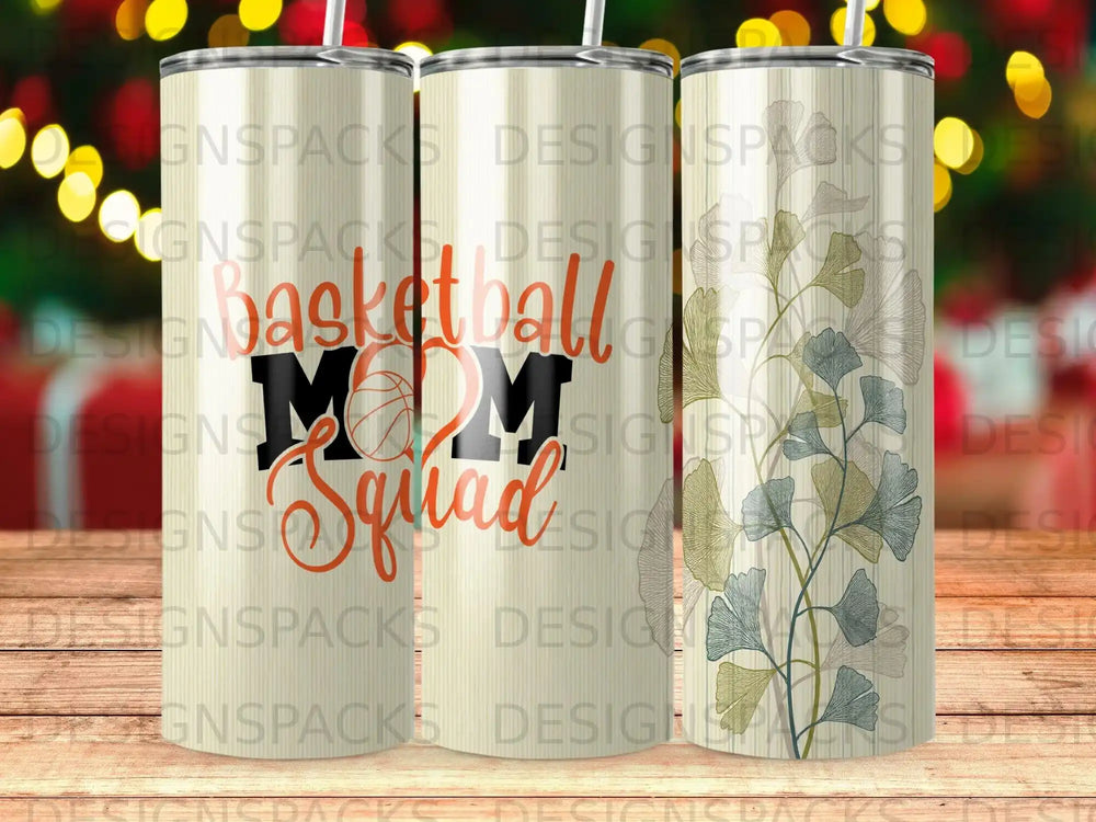 "Basketball Mom Squad" text on a tumbler with a floral design.