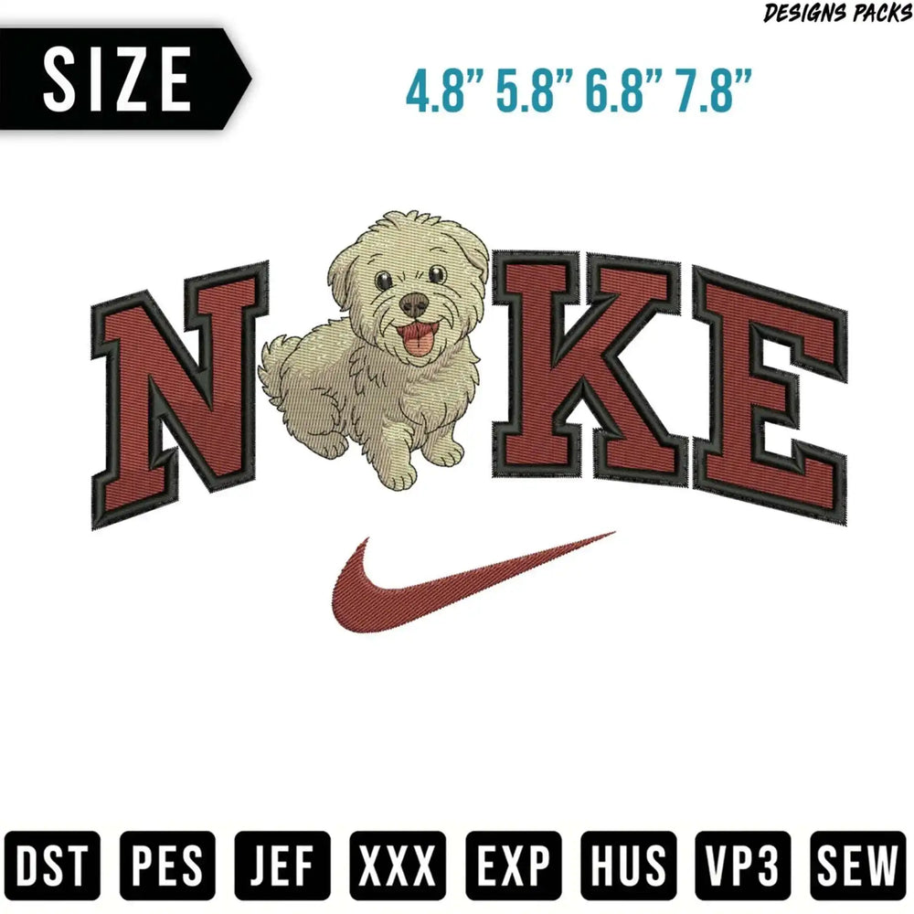 Embroidered "NIKE" logo with a fluffy white dog, sizes and file formats listed.