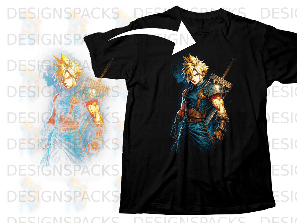 Black t-shirt with illustration of anime character Cloud Strife from Final Fantasy VII.