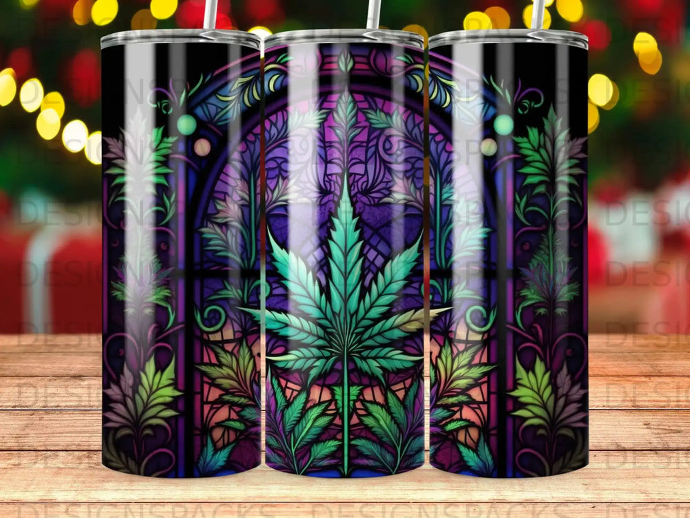 Stained glass art featuring a prominent marijuana leaf in vibrant purple and green hues.