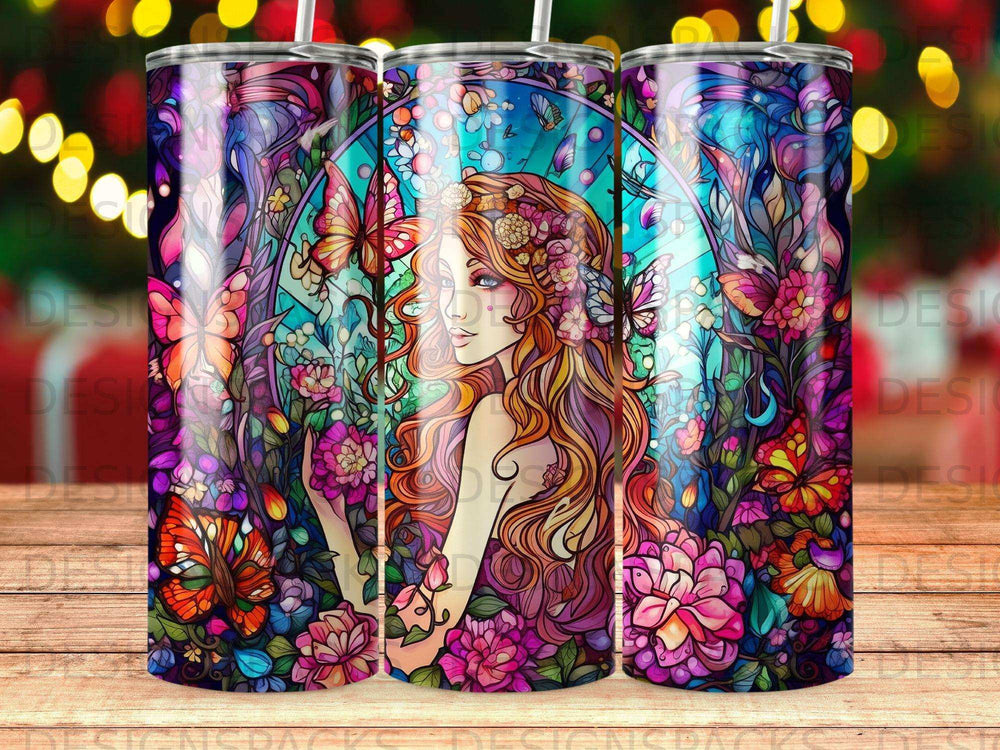 Woman with flowers and butterflies on stained glass tumbler design.