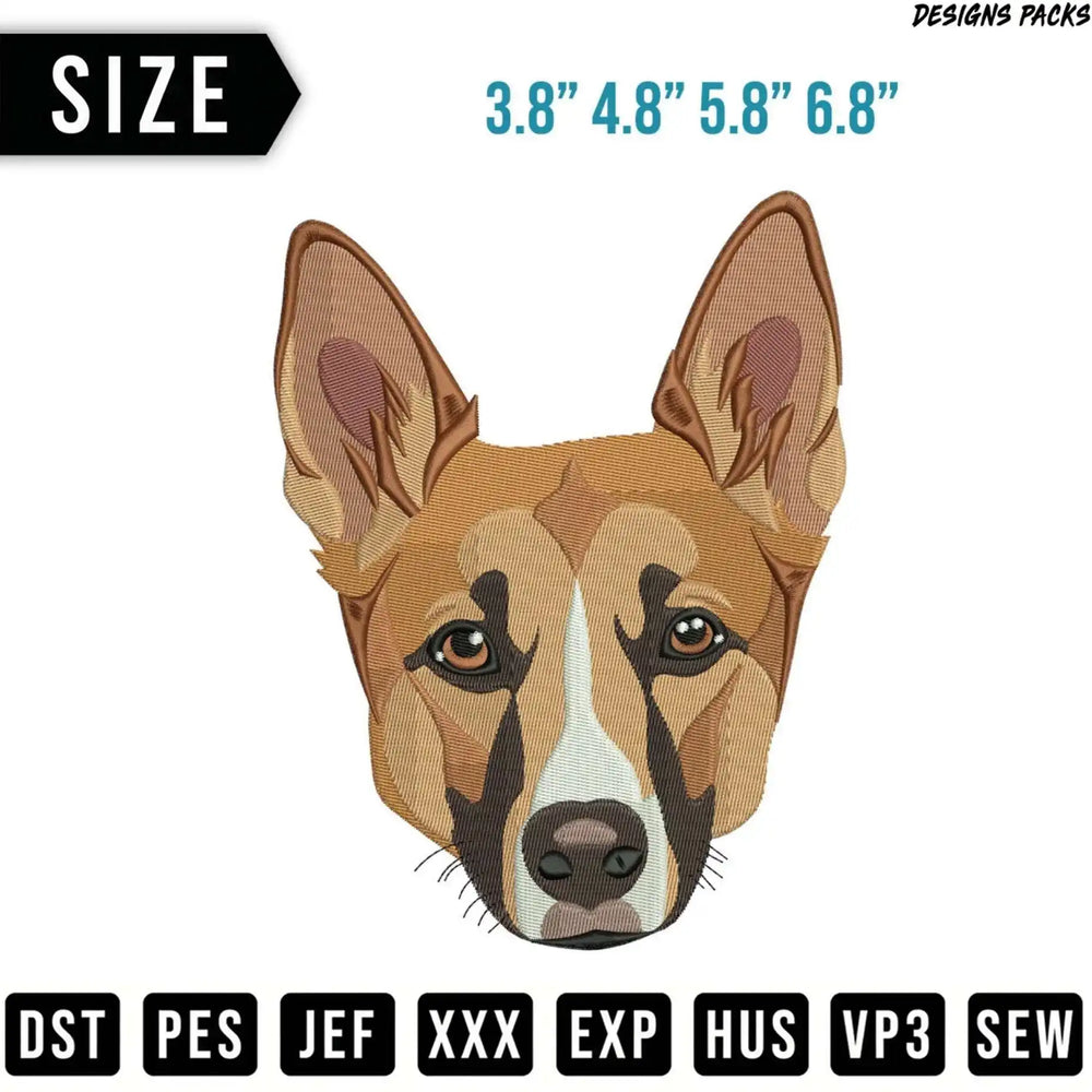 Embroidery design of a dog's face with size options and file formats.