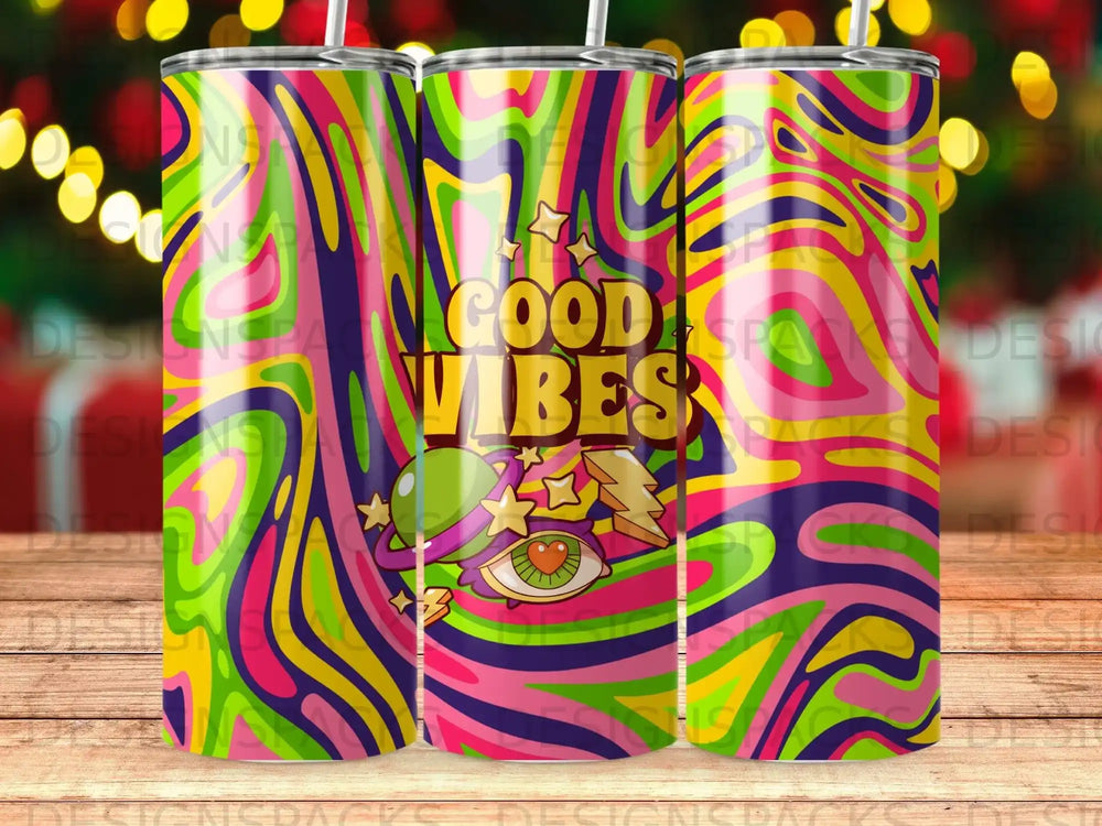 Colorful wavy lines and "GOOD VIBES" text on a tumbler with an eye.