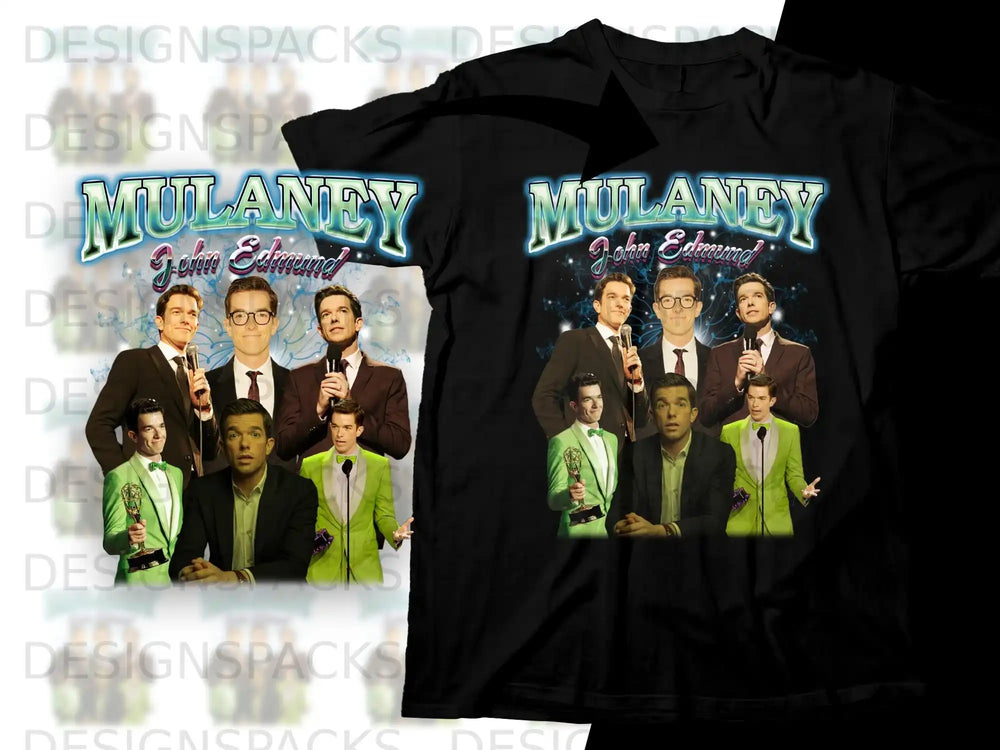John Mulaney in green jackets holding awards on a black t-shirt.
