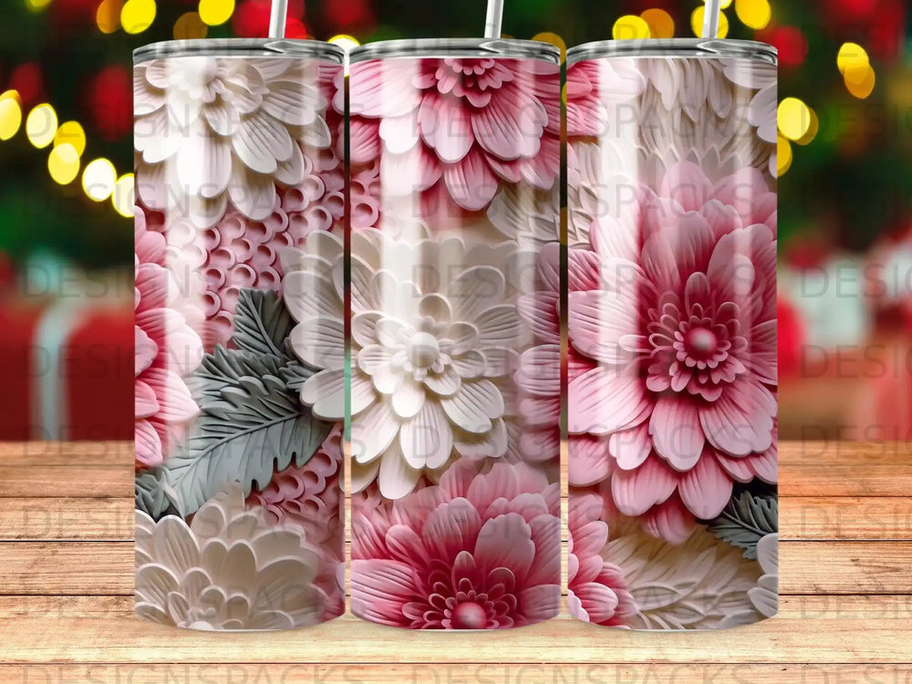 3D floral pattern on a tumbler with bokeh lighting in background.