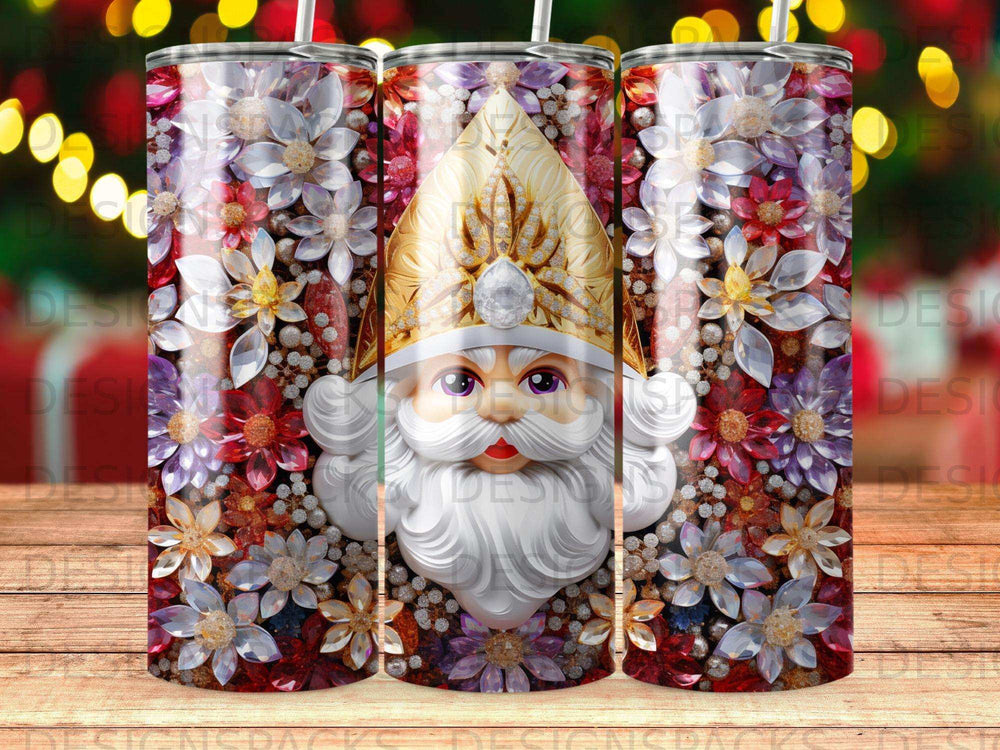 Santa Claus face surrounded by colorful floral patterns and sparkling gems.