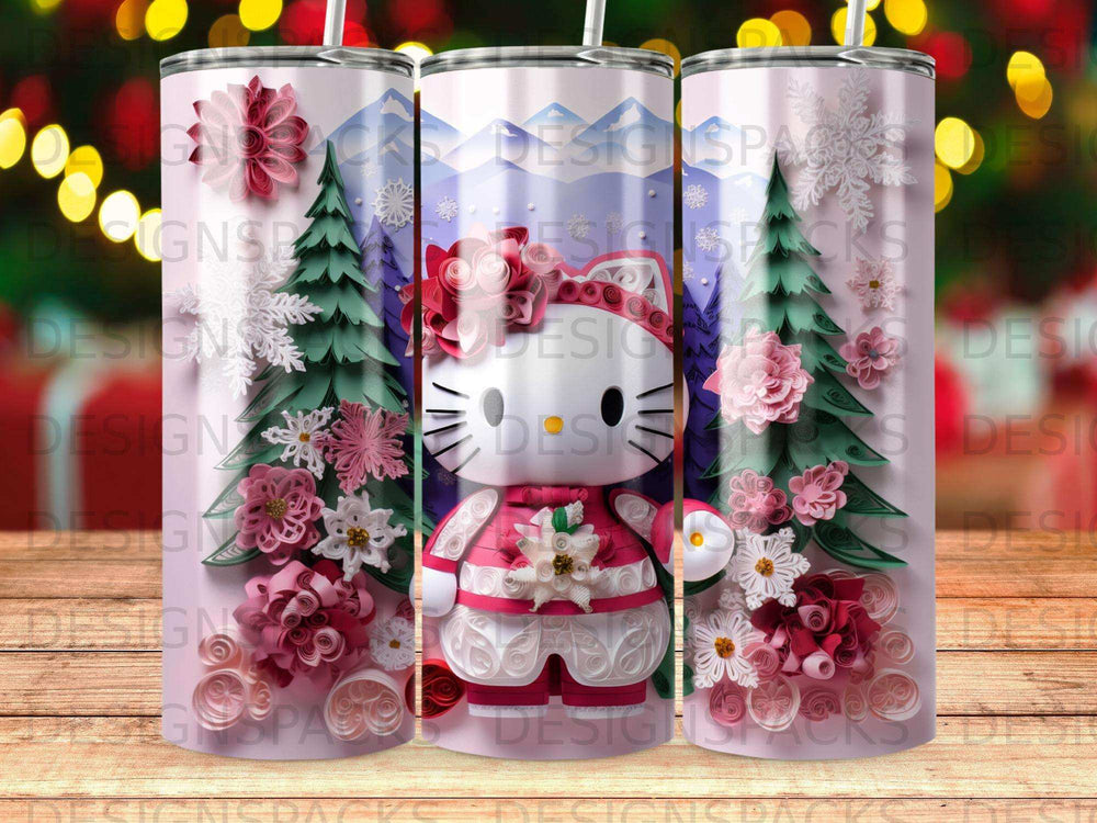 Hello Kitty tumbler with winter forest and snowflake decorations.