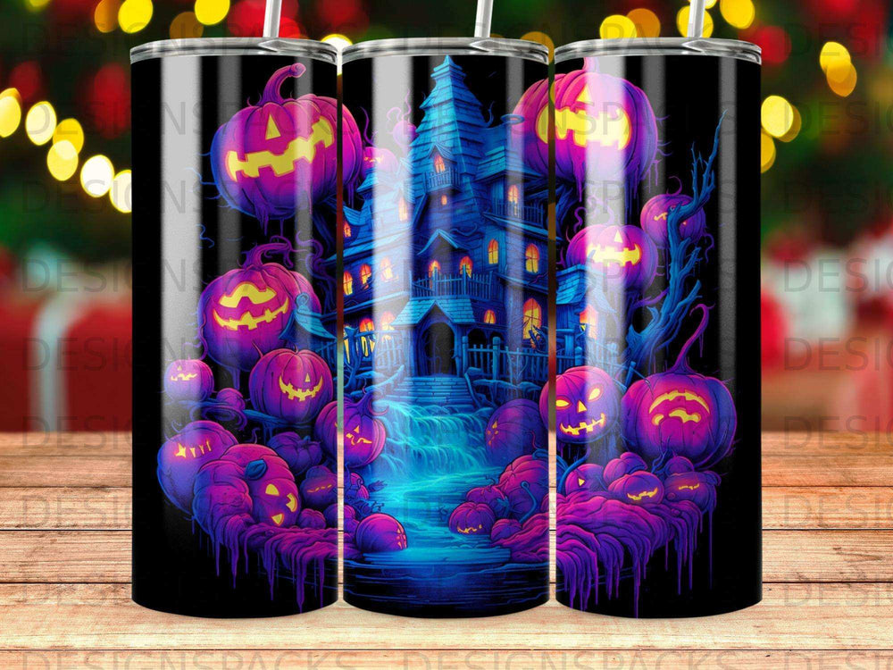 Haunted house and pumpkins with glowing purple and blue accents.