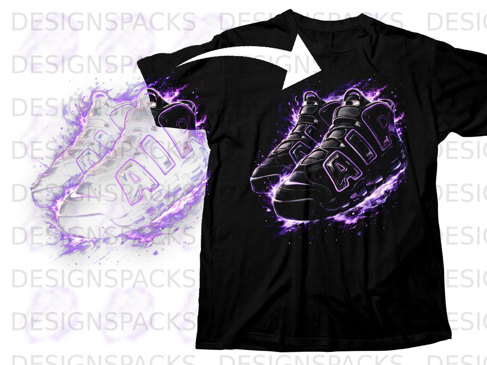 Black t-shirt with purple flame graphic of white and black sneakers.