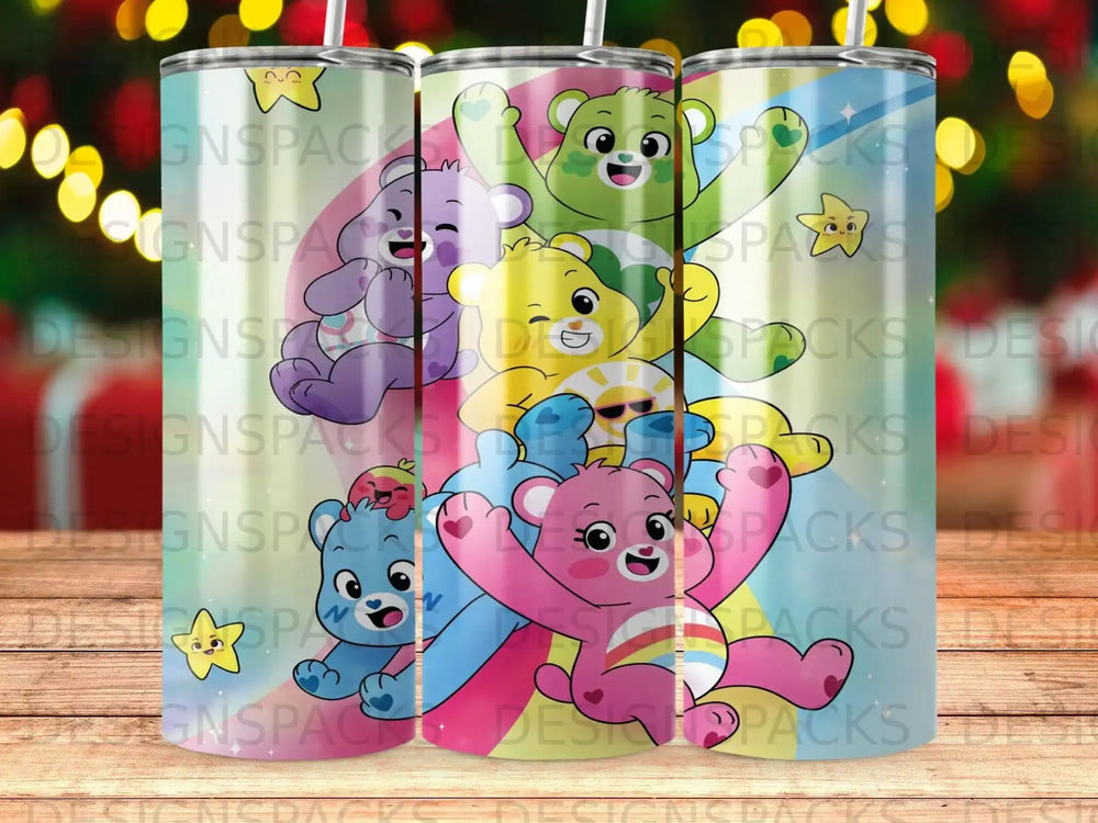 Care Bears characters on a rainbow background with stars and confetti.
