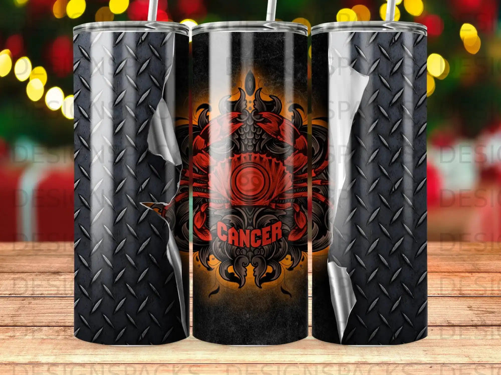 Cancer zodiac symbol on a textured metallic tumbler design.