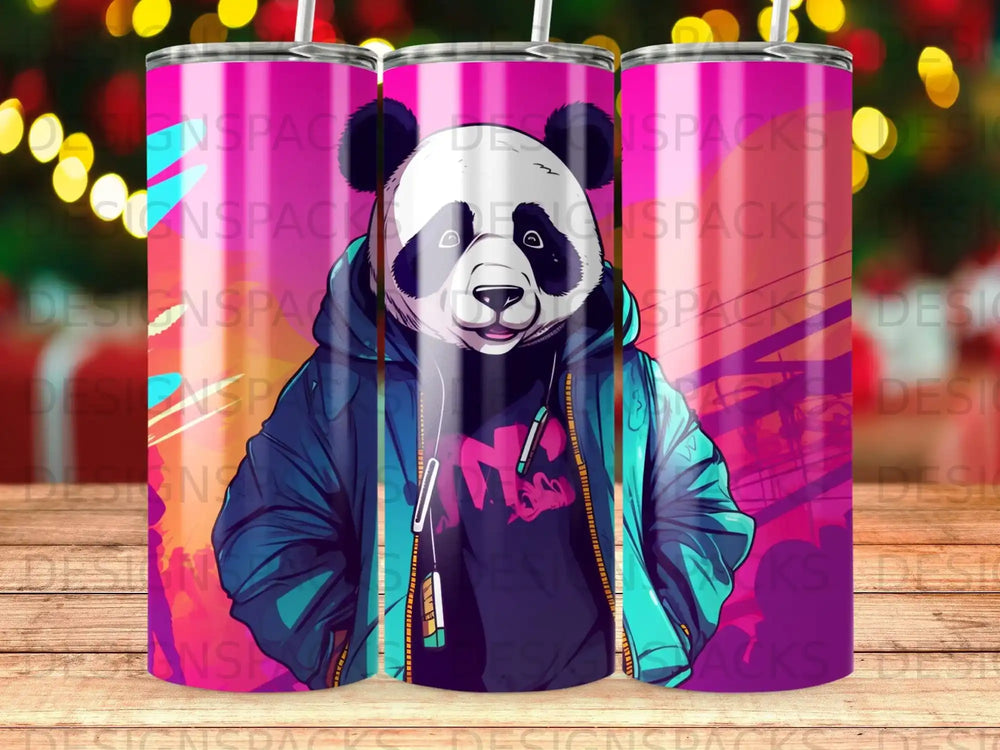 Panda wearing a hoodie and jacket, looking forward.