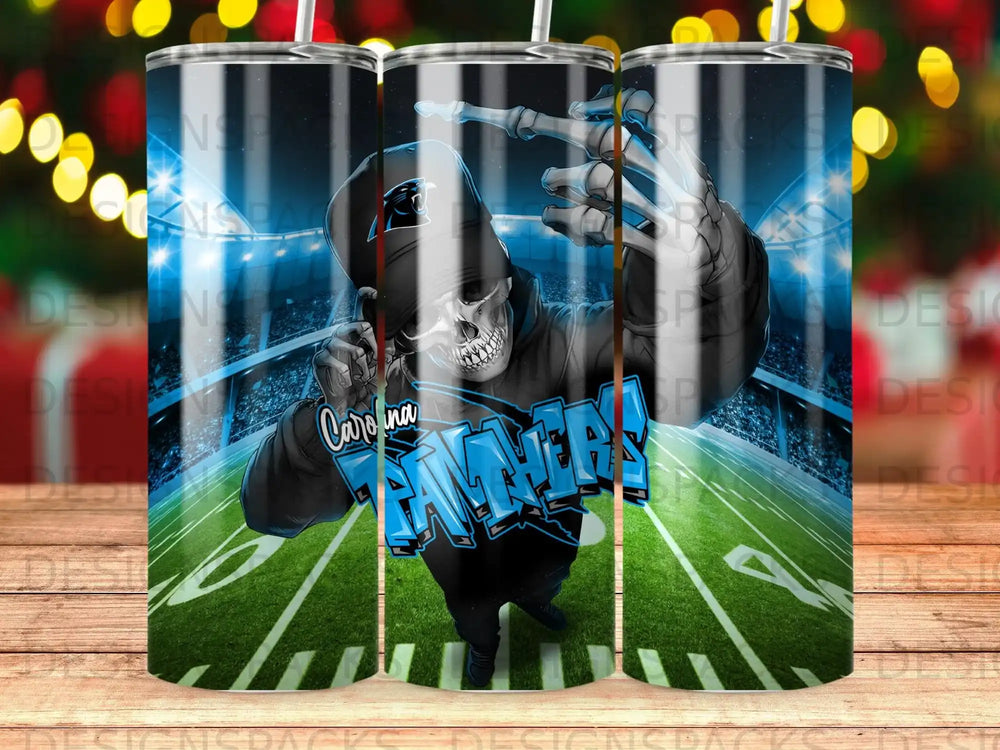 Carolina Panthers skull mascot on a football field.