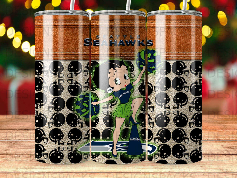 Betty Boop wearing a Seattle Seahawks uniform with football helmets.