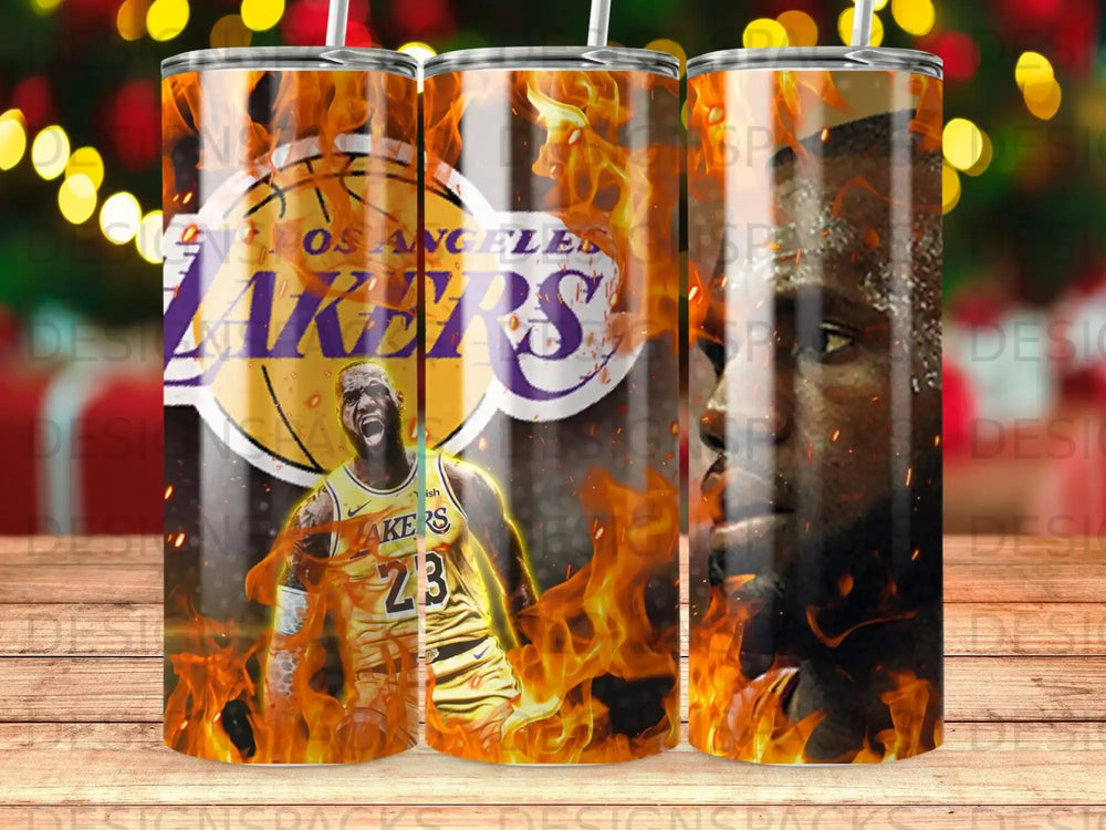 LeBron James in Lakers uniform with fire and Los Angeles Lakers logo.