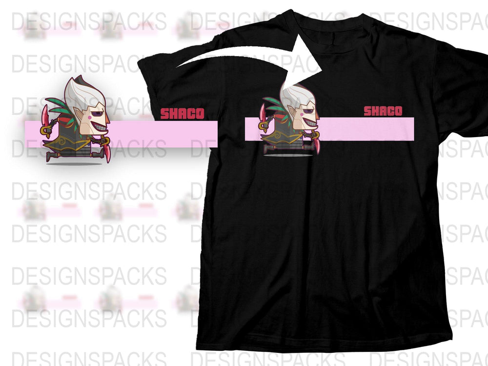 Shaco Gamer T-Shirt, Black Cotton Tee, Gaming Character Apparel, Unisex Graphic Shirt