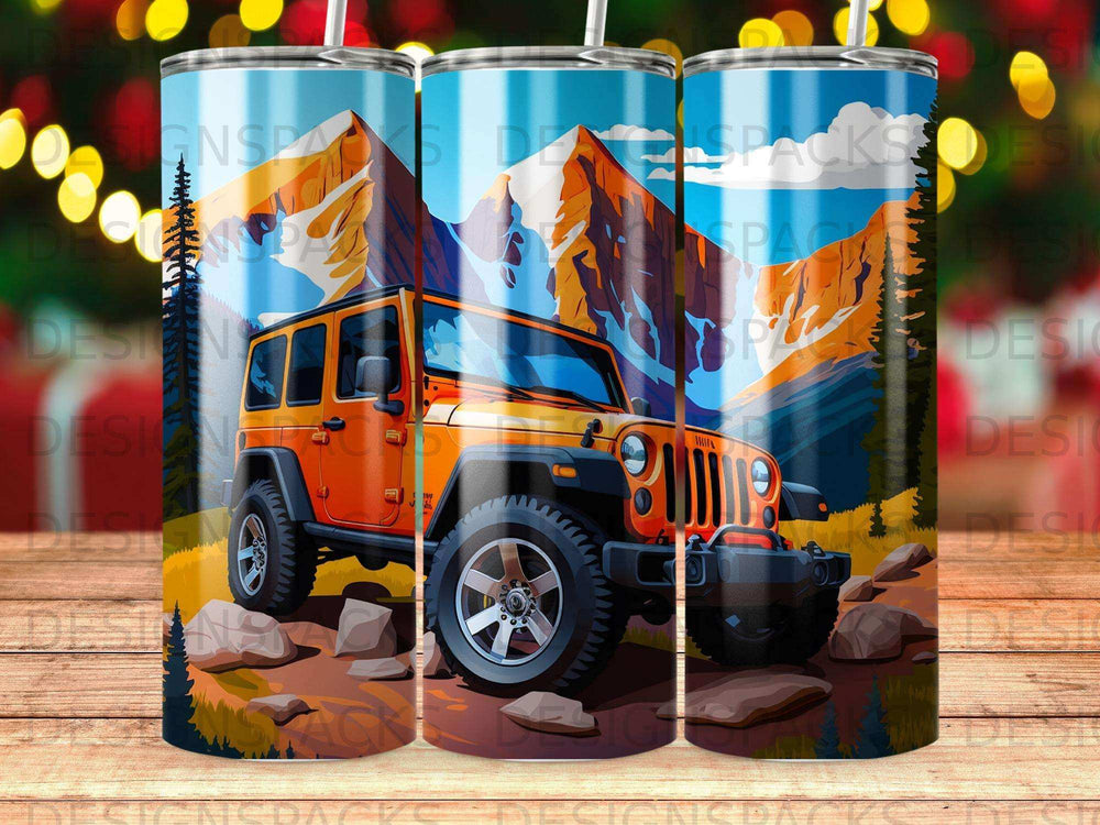 Orange Jeep Wrangler in a mountainous landscape with pine trees.