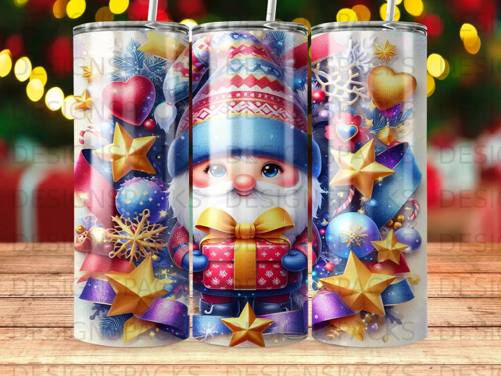 Gnome with gift and festive ornaments on a starry background.