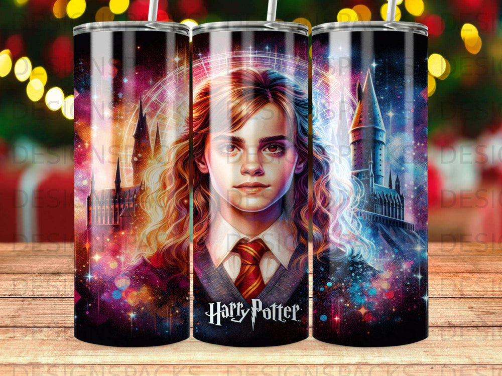 Hermione Granger from Harry Potter art with Hogwarts and cosmic background.