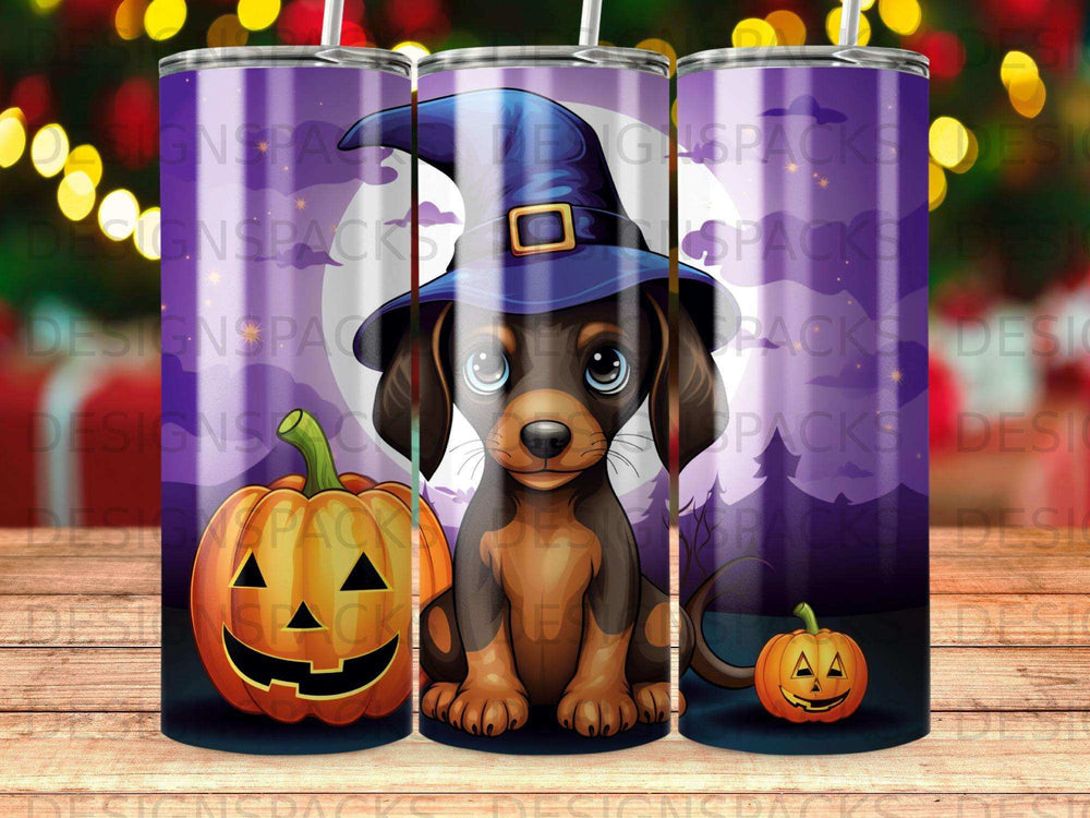 Dachshund puppy in witch hat with pumpkins, Halloween theme tumbler.