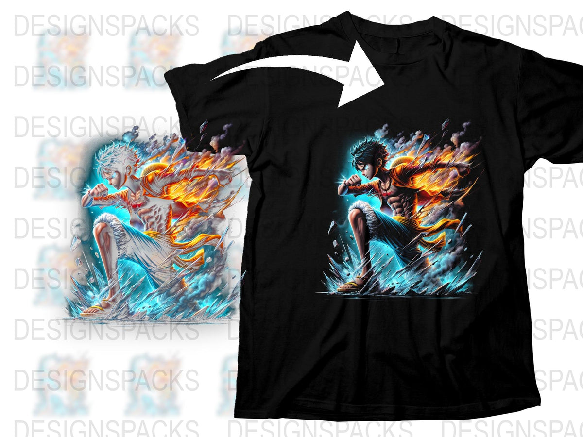 Men's Graphic Tee Anime Inspired Fire and Ice Battle Design, Vibrant Colors T-Shirt
