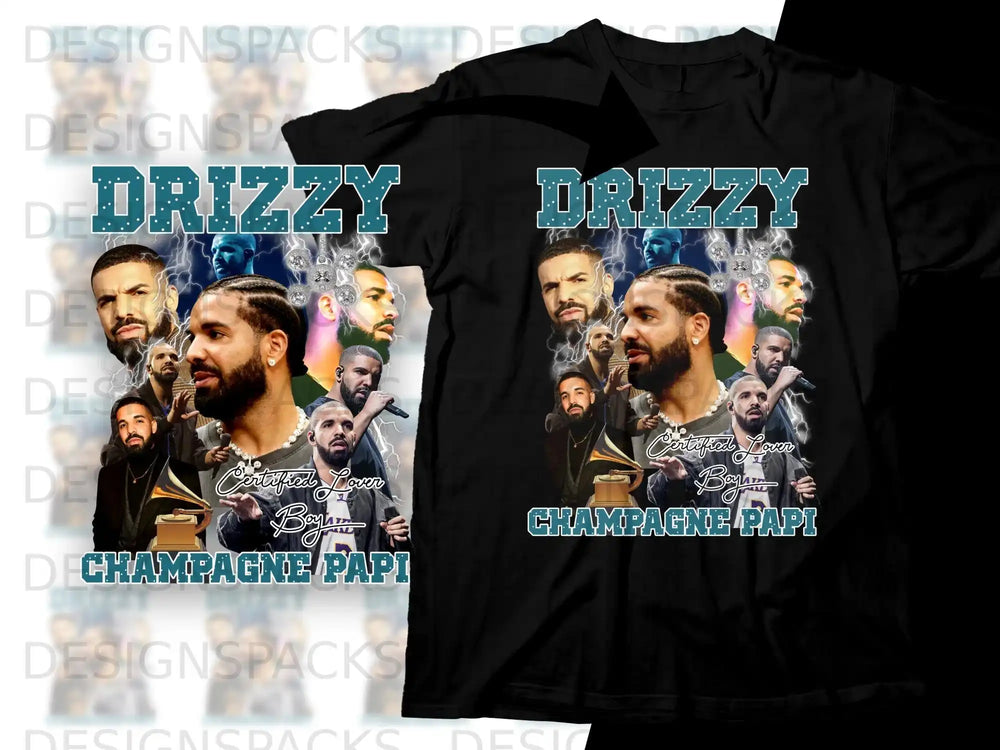 Drake wearing a crown with "DRIZZY" and "CHAMPAGNE PAPI" text.
