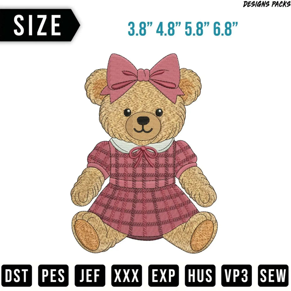 Embroidered teddy bear wearing a pink plaid dress and bow.