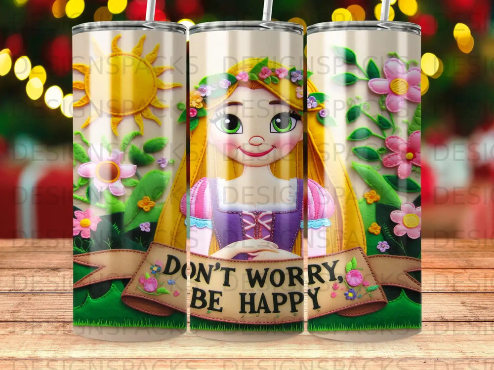 Animated girl with blonde hair and a flower crown, text "Don't Worry, Be Happy".