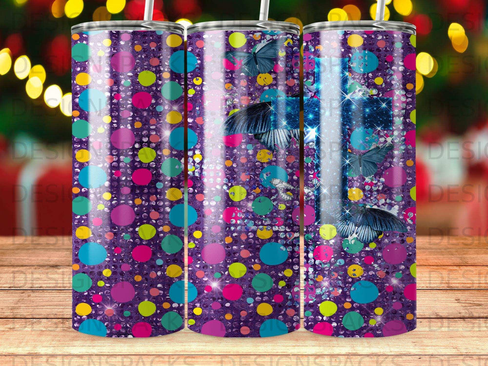 Purple tumbler with colorful polka dots and shimmering butterflies.