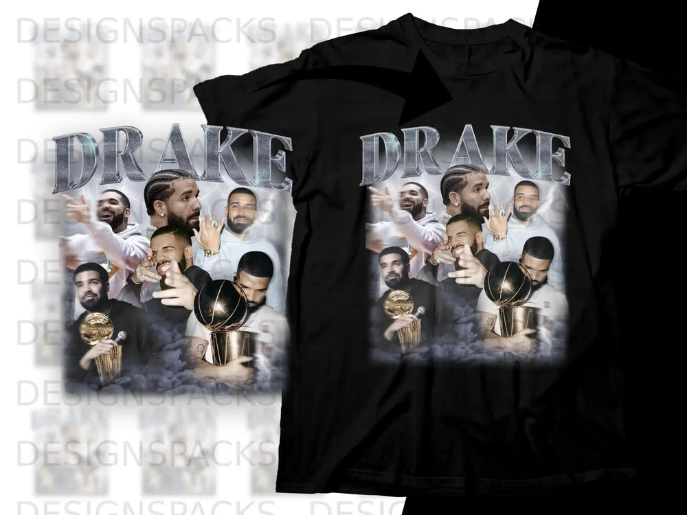 Drake in a t-shirt holding Grammy awards, graphic design.