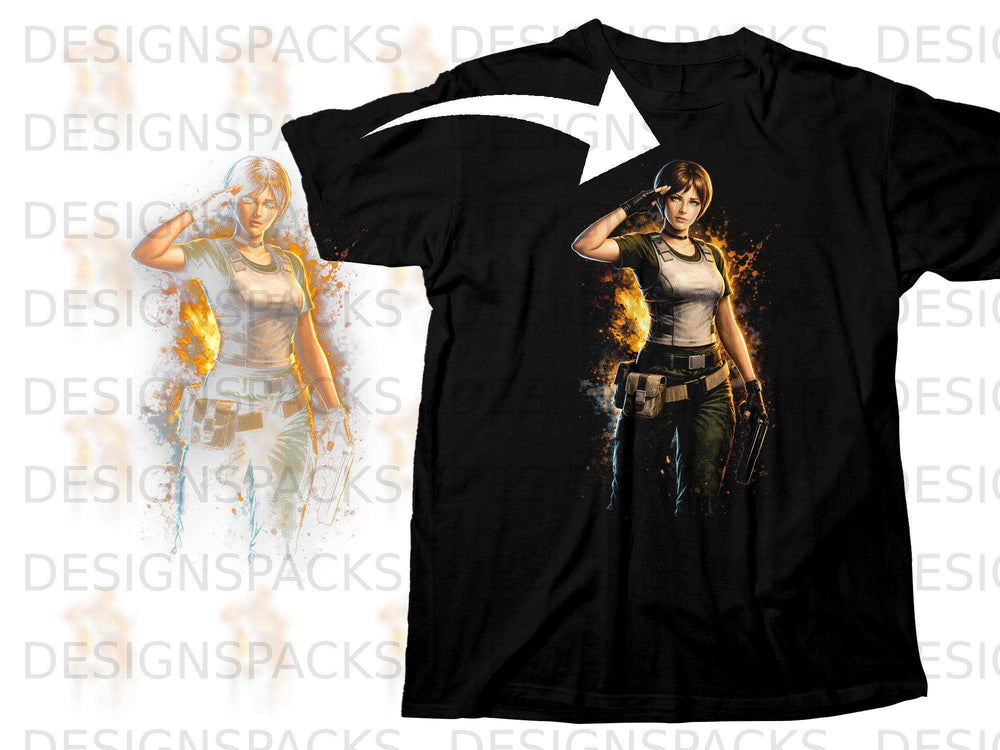 Black t-shirt with a graphic of a woman in military attire saluting.