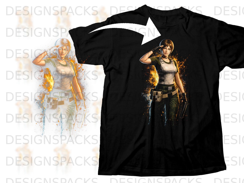 Black t-shirt with a graphic of a woman in military attire saluting.