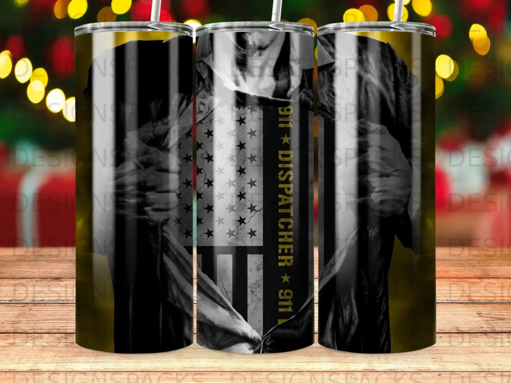 Black and white tumbler with American flag and "911 Dispatcher" text.