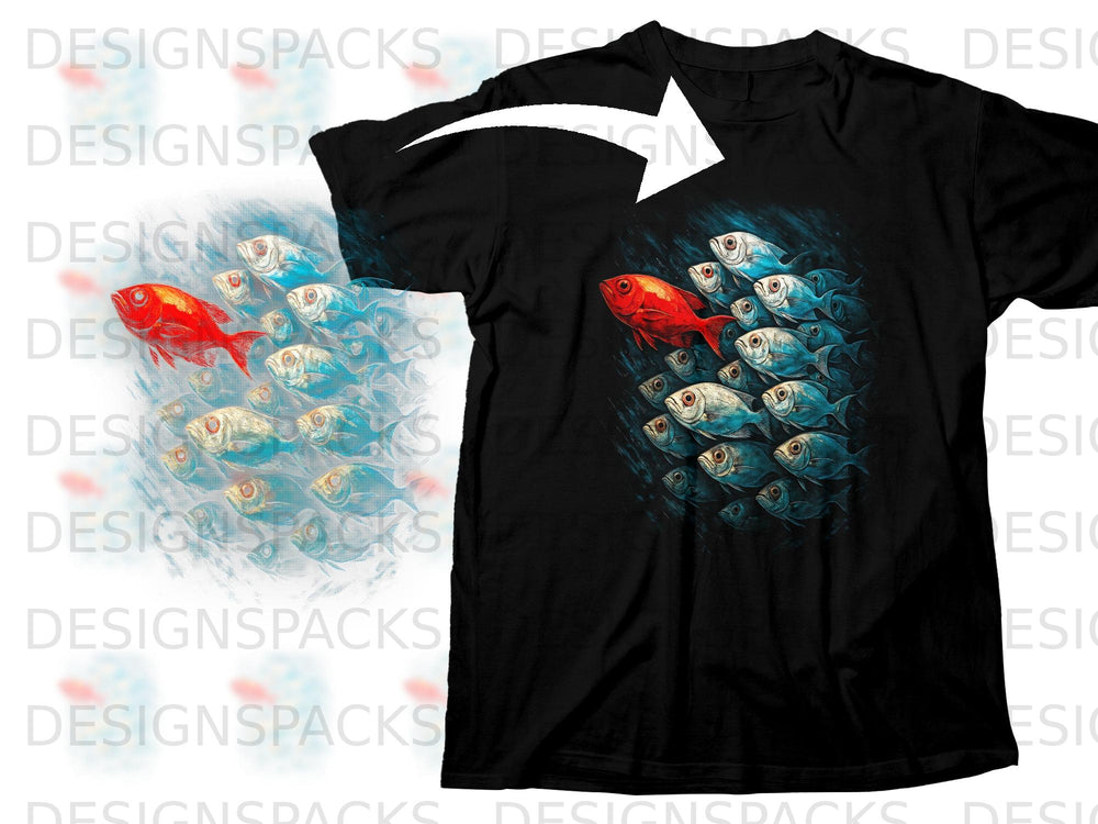 Black t-shirt with a graphic of a red fish leading a school of blue fish.